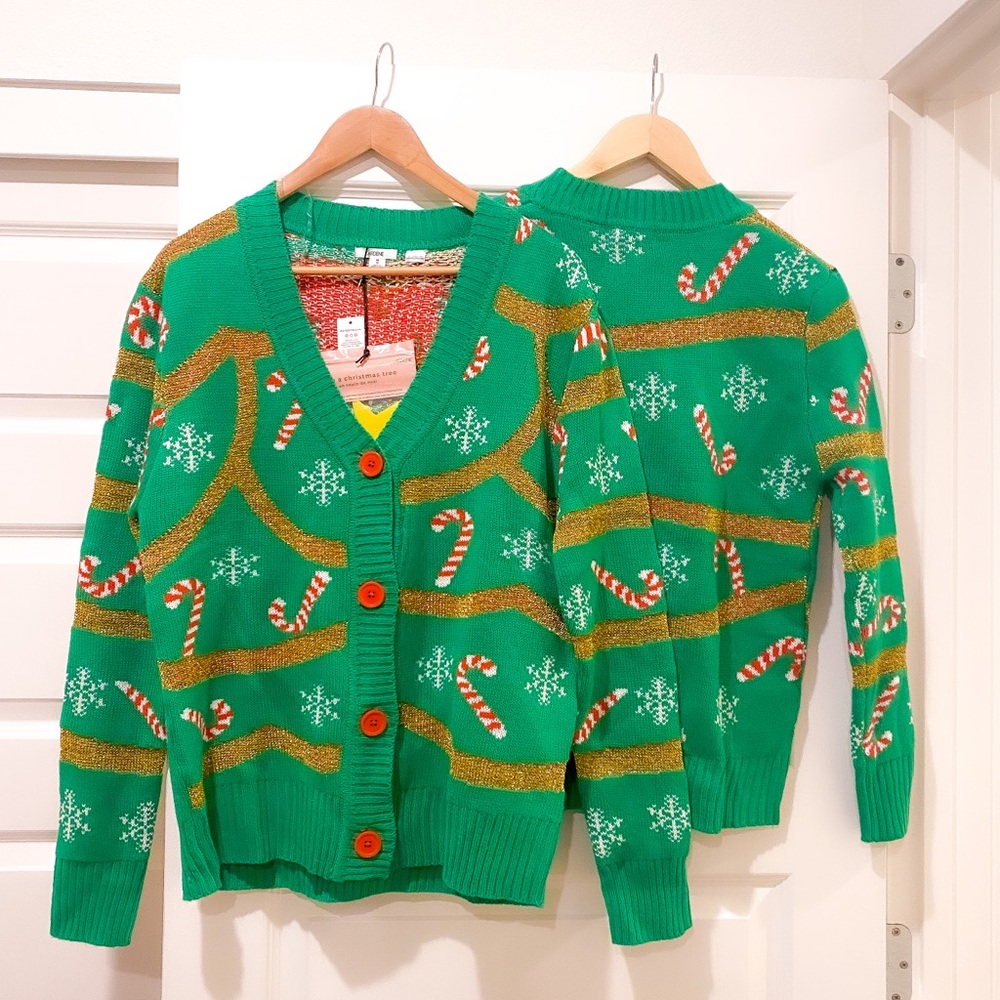2 matching set of Christmas tree themed button down knit sweaters in XS and M